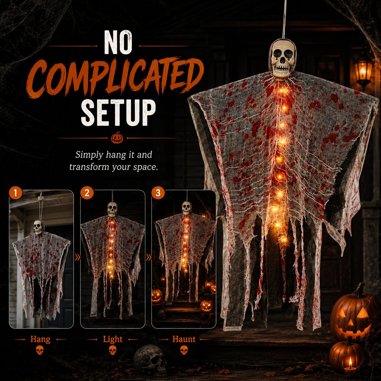 🩸Light-Up Bloody Hanging Ghost – 💀Creepy Skeleton Halloween Porch & Haunted House Decor