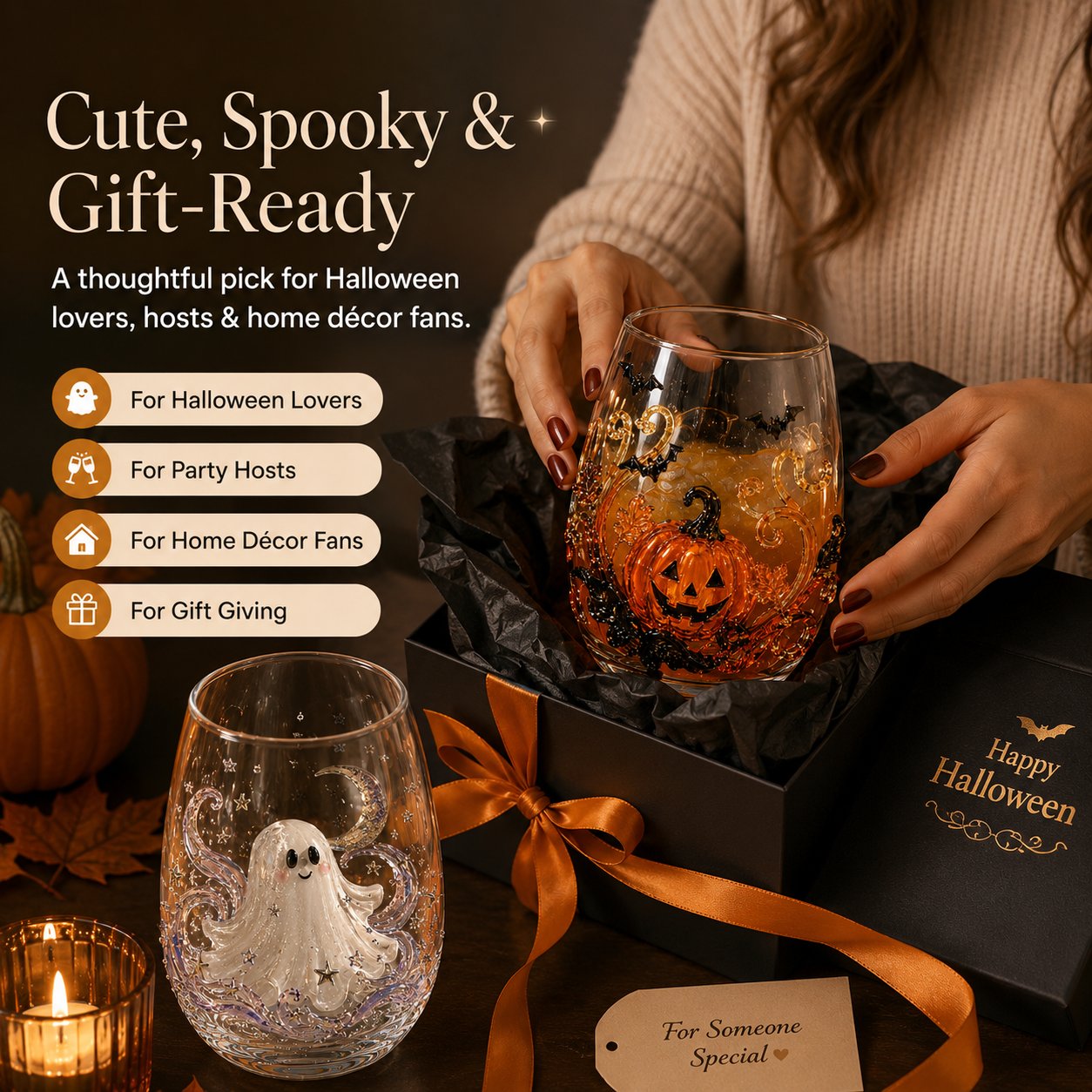🎃 3D Halloween Artisan Glass Cups, Festive Parties & Cozy Fall Home Bar Vibes