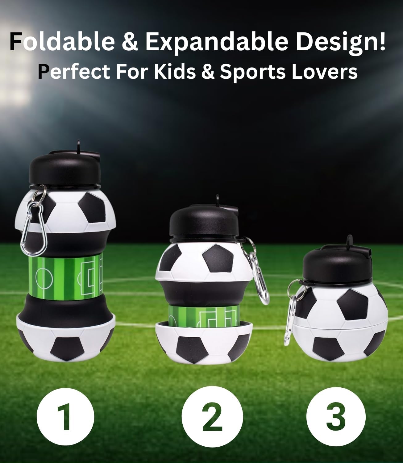 ⚽ Football Sport Design Silicone Collapsible Water Bottles, Sports Bottle with Carabiner Clip