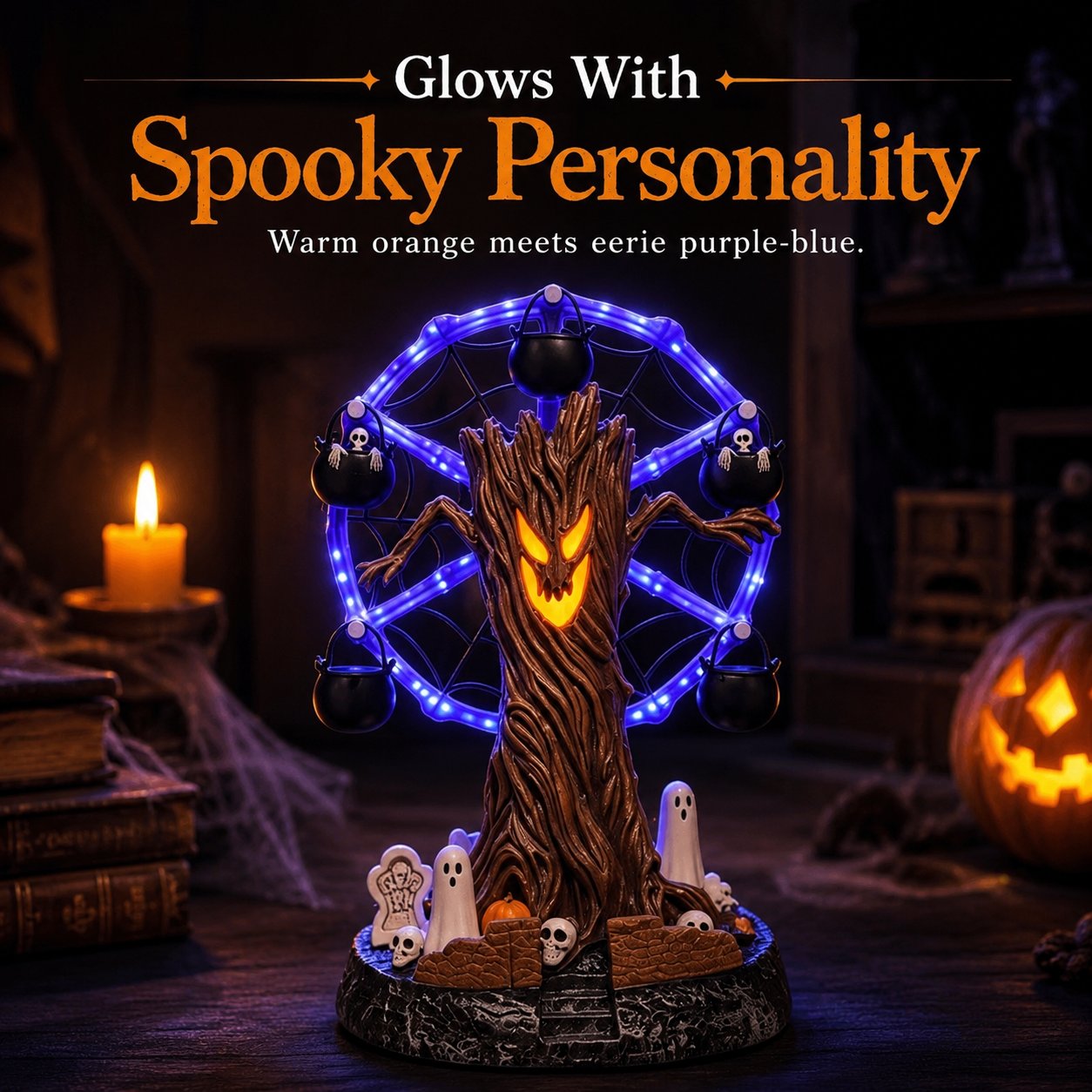 🎃 Halloween Haunted Tree Ferris Wheel Tabletop Decor, Light Up Resin Spooky Ghost Mini Scene Ornament