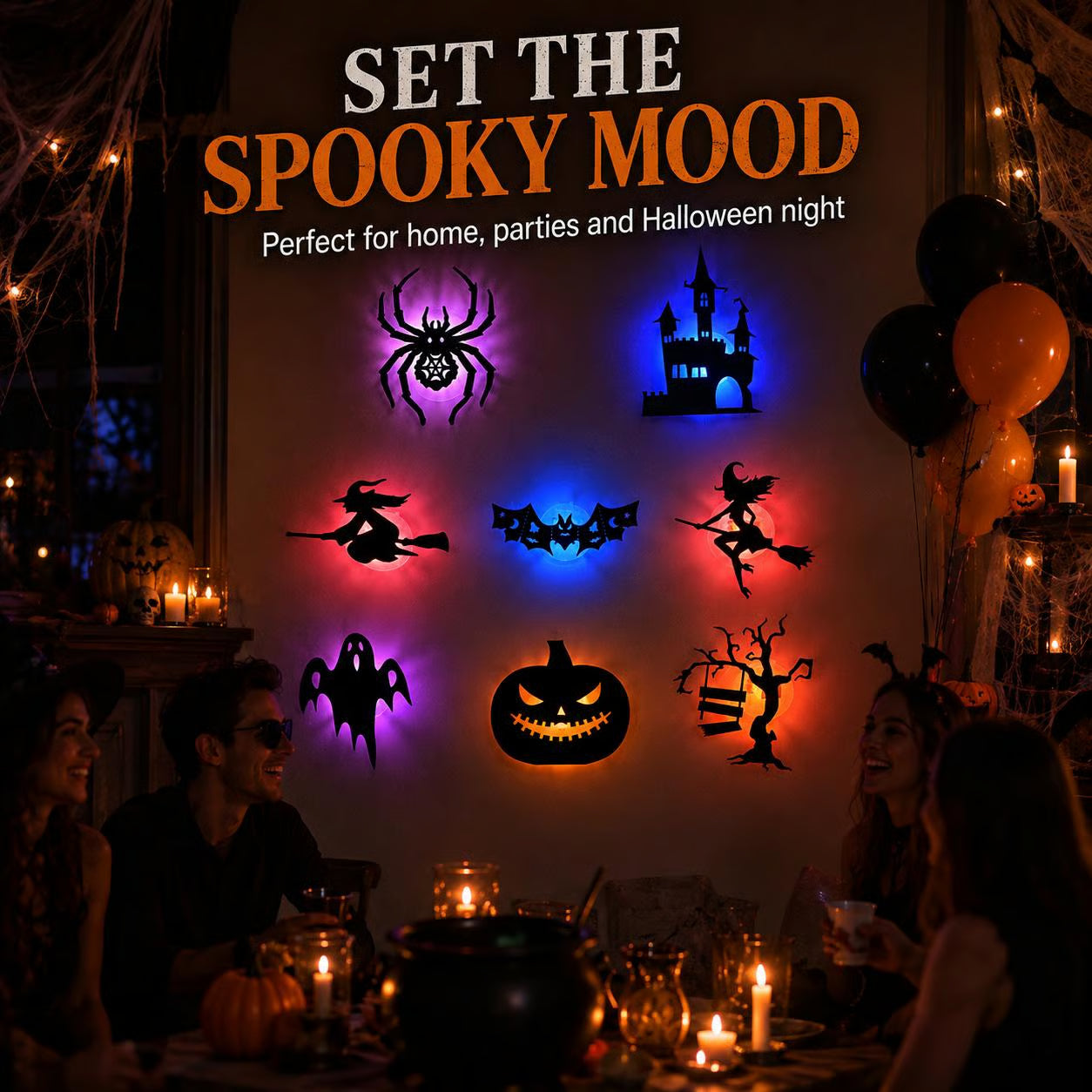 🔥 LAST DAY 50% OFF | 8-Pack Halloween LED Silhouette Wall Lights – Battery-Powered Peel & Stick Decor