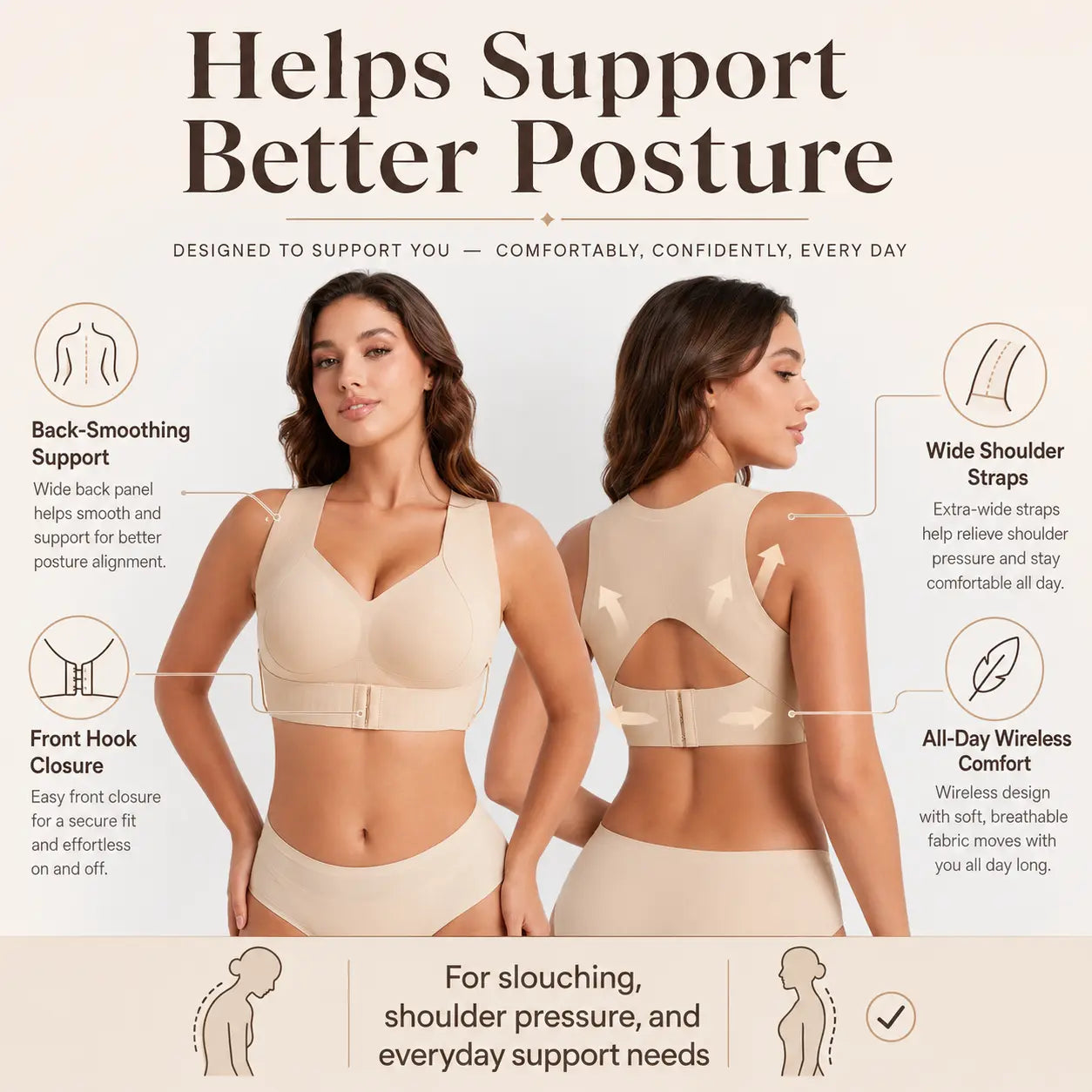 【Postural correction】Women’s Beige Wireless Bra, Soft Breathable Non-removable Moulded Cups, Yoga Fitness Sportswear for Gym & Daily Training Posture Shaping Bra