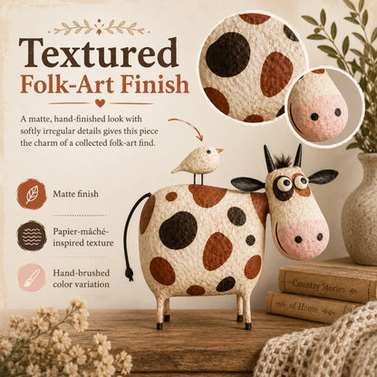 Whimsical Cow & Bird Figurine – Charming Folk Art Farmhouse Decor