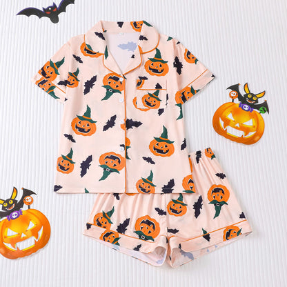 Women's Halloween Print Lapel Pajama Set – Mid-Year Sale: Casual, Comfortable Short-Sleeve Top & Shorts – All-Season Loungewear