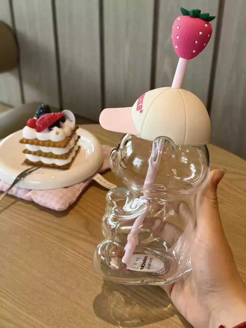2026 New Cute Beaar Glass Tumbler with Bear Lid & Strawberry Straw, Holiday Teddy Bear Cup，20oz Reusable Aesthetic Teddy Bear Cup for Iced Coffee, Boba Milk Tea, Matcha, Juice, Smoothies & Cold Drinks, Dishwasher Safe