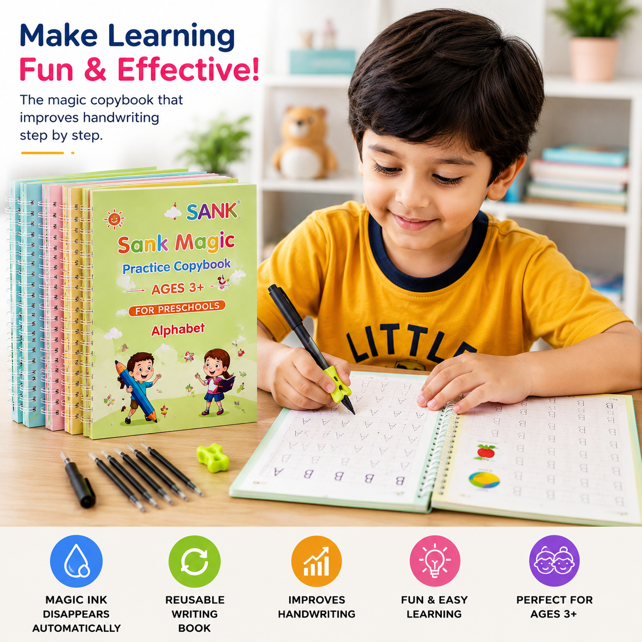 Magic Handwriting Practice Copybook Set (4 Books + Pen + 10 Refills + Grip)