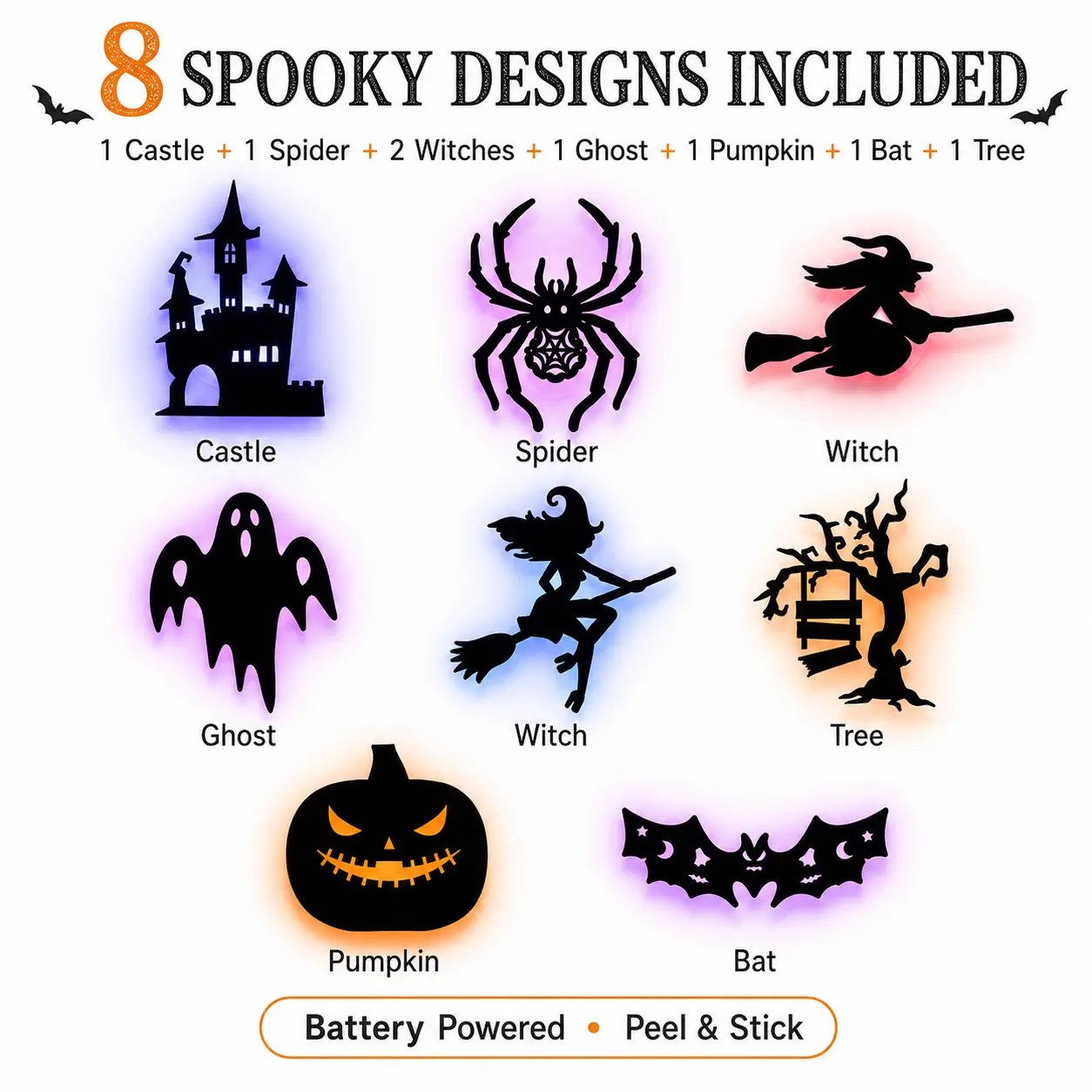 🔥 LAST DAY 50% OFF | 8-Pack Halloween LED Silhouette Wall Lights – Battery-Powered Peel & Stick Decor