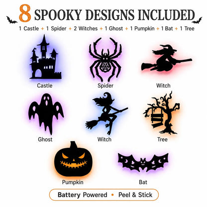 🔥 LAST DAY 50% OFF | 8-Pack Halloween LED Silhouette Wall Lights – Battery-Powered Peel & Stick Decor