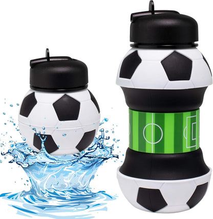 ⚽ Football Sport Design Silicone Collapsible Water Bottles, Sports Bottle with Carabiner Clip