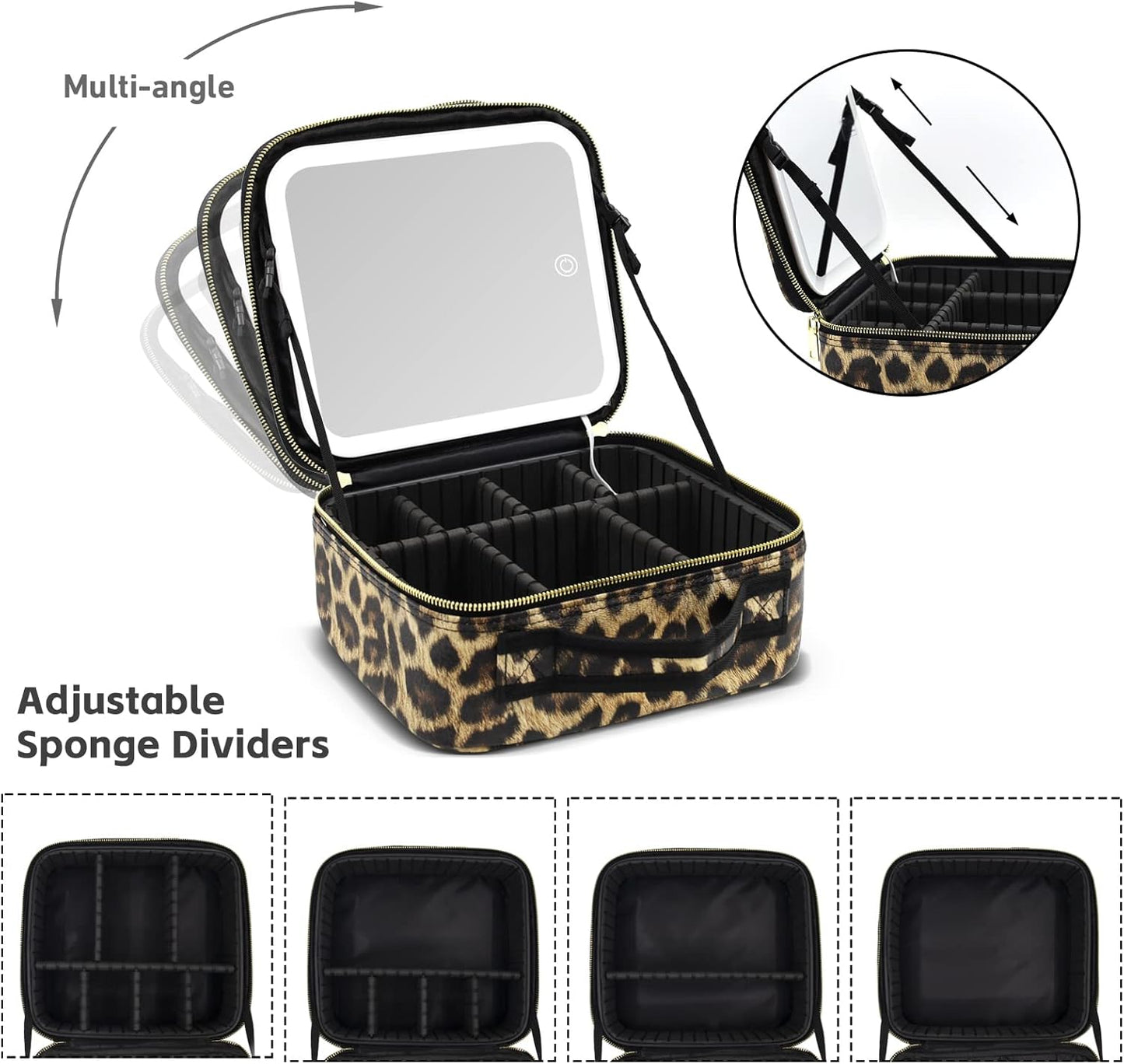 Leopard Print Makeup Case with Mirror & Dimmable LED Lights