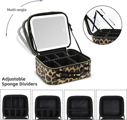Leopard Print Makeup Case with Mirror & Dimmable LED Lights
