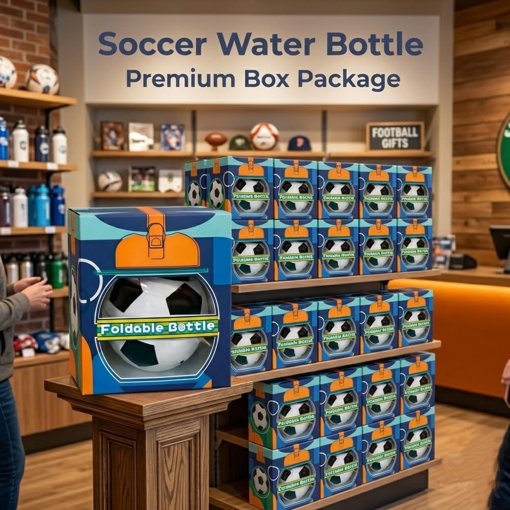 ⚽ Football Sport Design Silicone Collapsible Water Bottles, Sports Bottle with Carabiner Clip