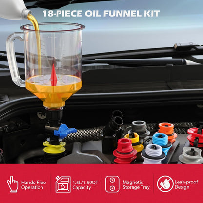 17-Piece Engine Oil Funnel Set-1.36 qt Automotive Oil Funnel Kit with 12 Adapters