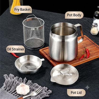 3-in-1 Stainless Steel Deep Fryer Pot – Fry, Strain & Store Oil