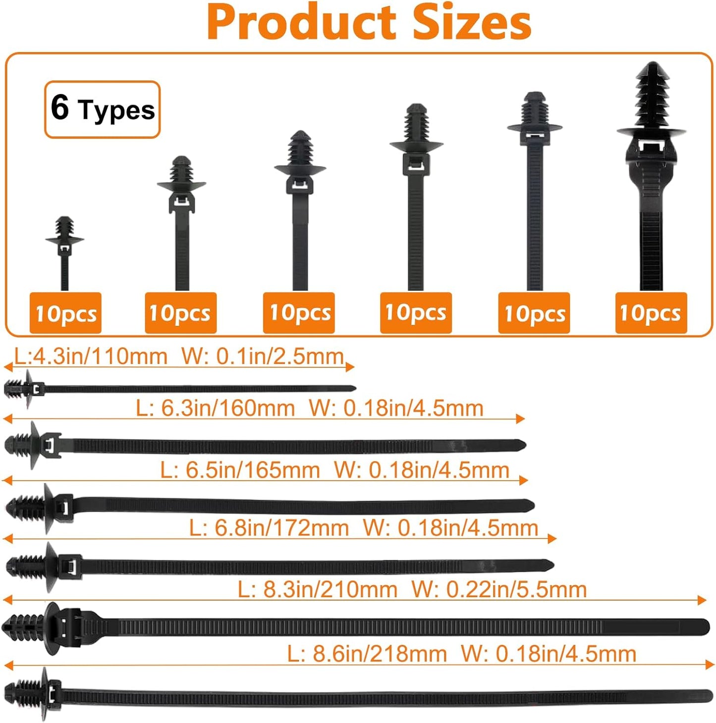 110 PCS Automotive Installation Black Push Mount Cable Zip Ties Assorted Sizes