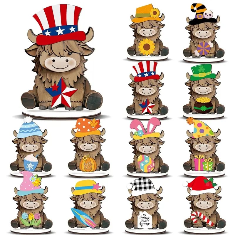 Cute Animal Wooden Sign – Interchangeable Magnetic Hats & Seasonal Decor