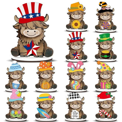 Cute Animal Wooden Sign – Interchangeable Magnetic Hats & Seasonal Decor