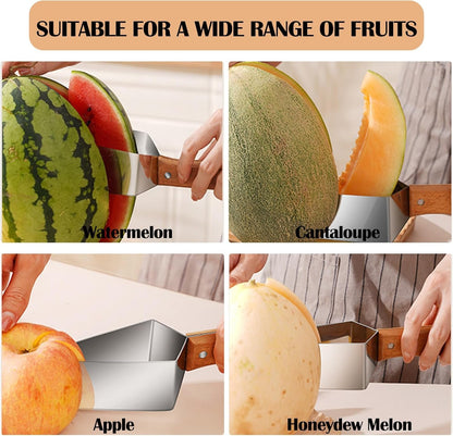 Stainless Steel Watermelon Wedge Cutter with Wooden Handle, Fruit Melon Slicer Kitchen Gadget