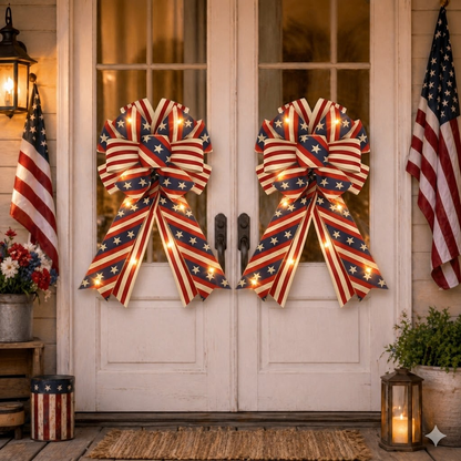 Show Your American Pride ❤️🤍💙 2Pcs LED Patriotic Burlap Bow Set For Front Door & Wreath Decor