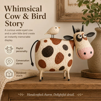 Whimsical Cow & Bird Figurine – Charming Folk Art Farmhouse Decor