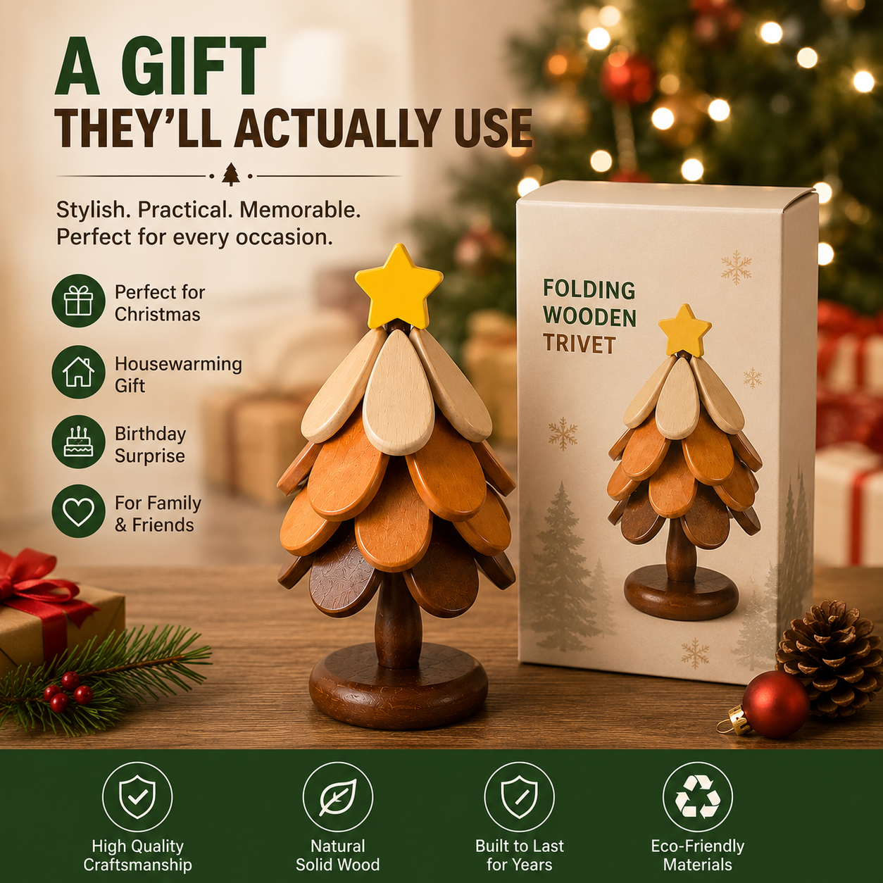 🎄 50% OFF Today | Folding Wooden Christmas Tree Trivet | Heat Resistant Expandable Solid Wood Pot Holder & Holiday Table Decor