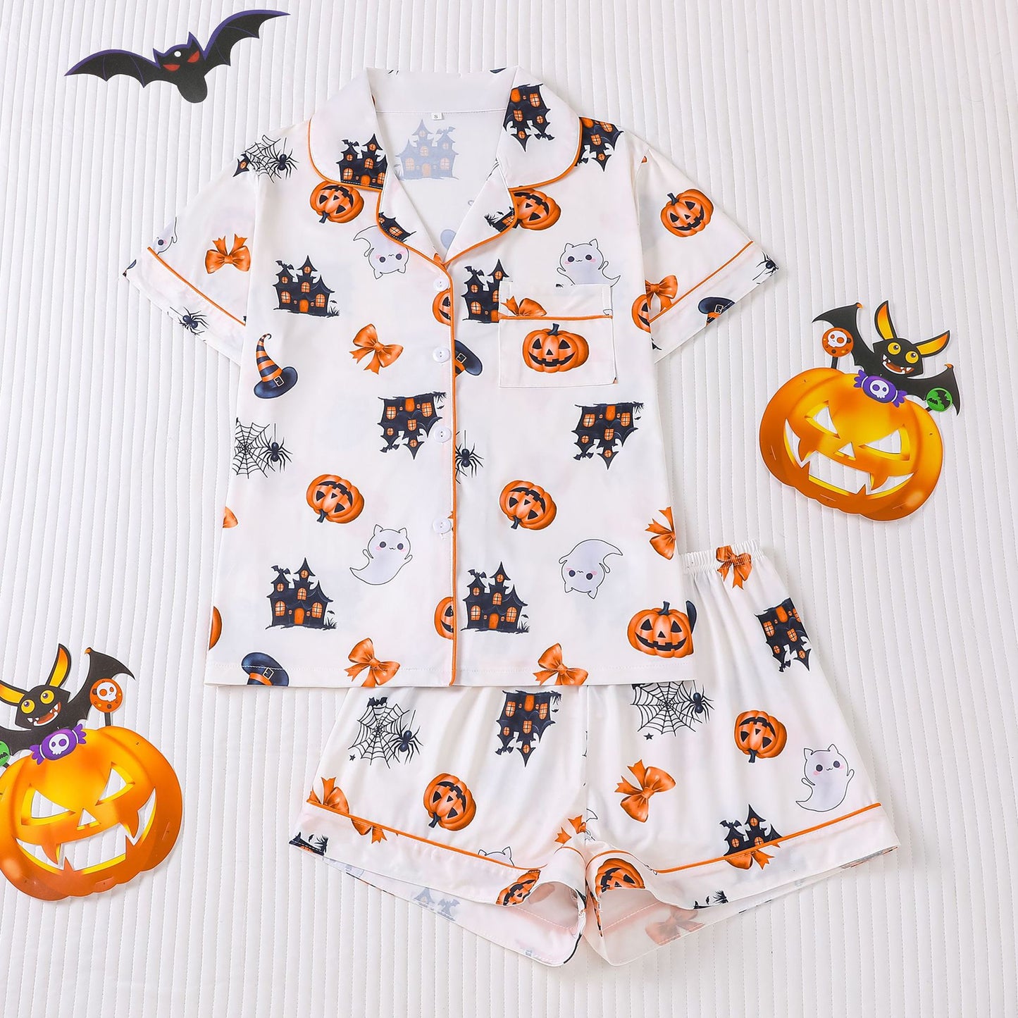 Women's Halloween Print Lapel Pajama Set – Mid-Year Sale: Casual, Comfortable Short-Sleeve Top & Shorts – All-Season Loungewear
