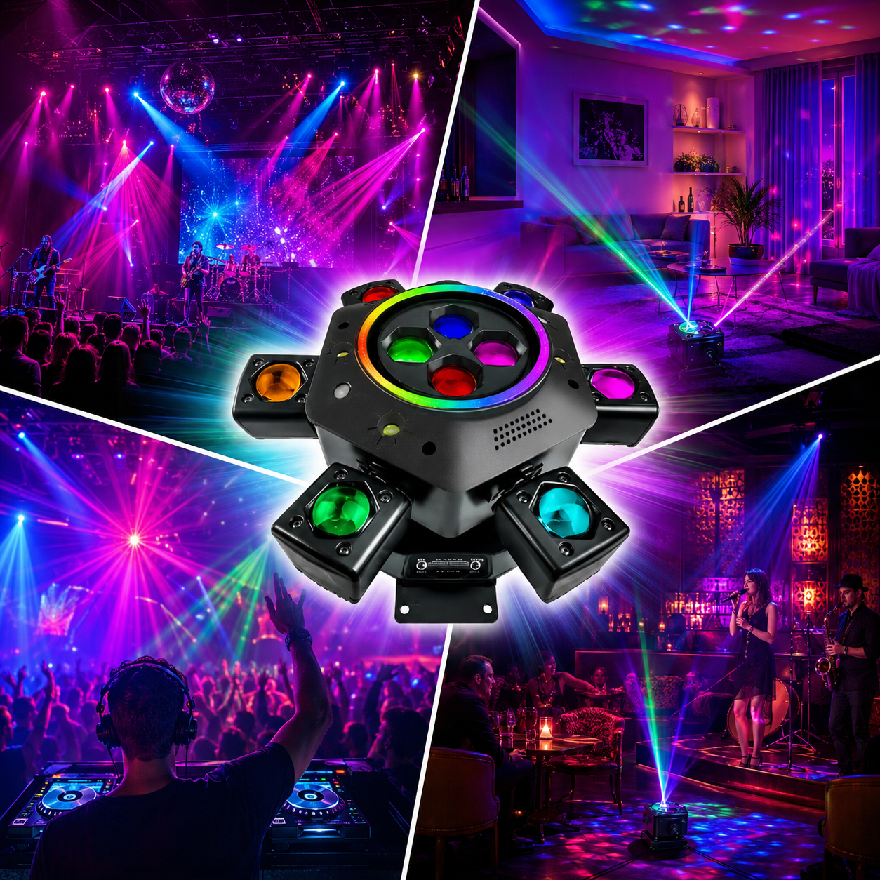 MDT Super 6-IN-1 Moving Head DJ Lights with RGBW 6-Arm Beams, Bee-Eyes Effect