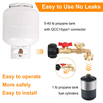 Upgraded Propane Refill Adapter with Valve and Gauge, Fill 1 lb Bottles from 20 lb Tank, Solid Brass