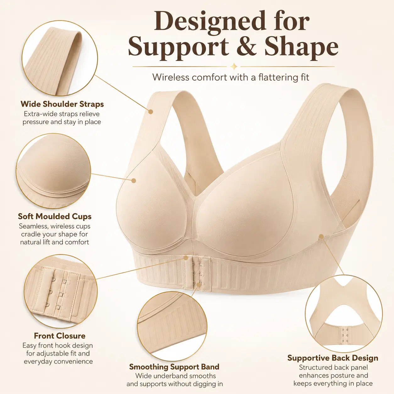 【Postural correction】Women’s Beige Wireless Bra, Soft Breathable Non-removable Moulded Cups, Yoga Fitness Sportswear for Gym & Daily Training Posture Shaping Bra