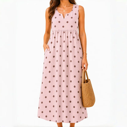 Polka Pockets Long Dress Sleeveless Berry Garden Sleeveless Maxi Dress Casual Summer Vacation Dress Womenswear Fitted Vneck