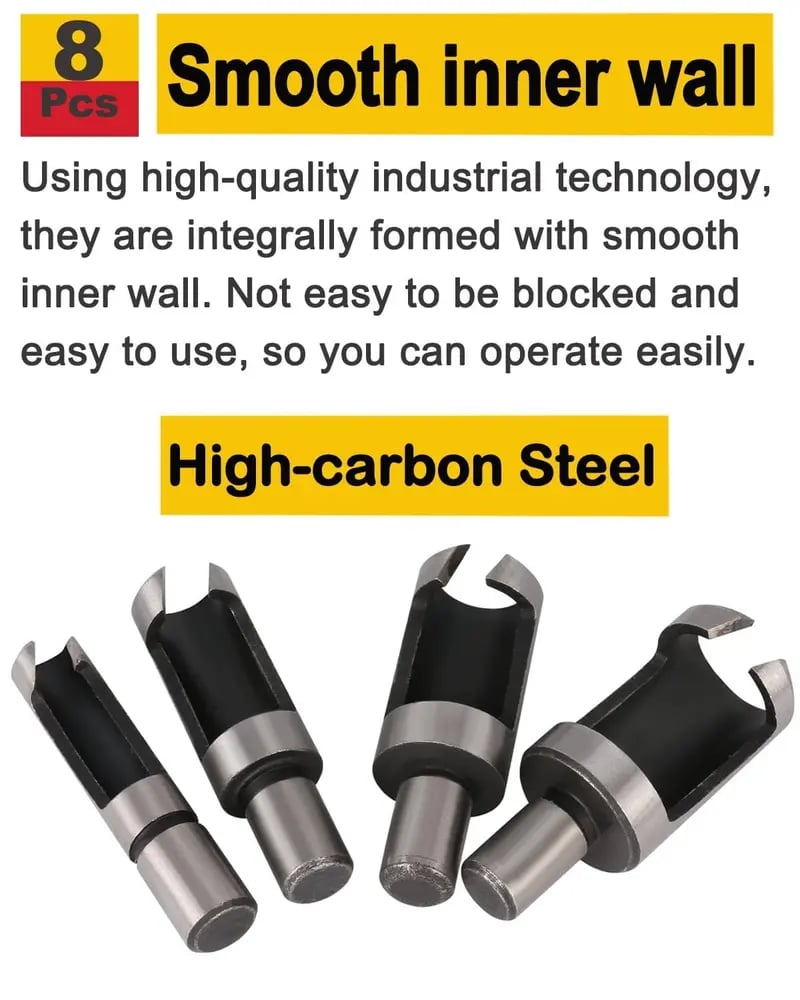 8Pcs Wood Plug Cutter Drill Bit Set | Straight & Tapered Wood Hole Plug Making Bits