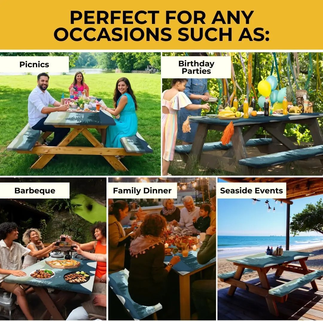 🧺Stretch Picnic Tablecloth Set | Bench Covers + Carry Bag Included 👜
