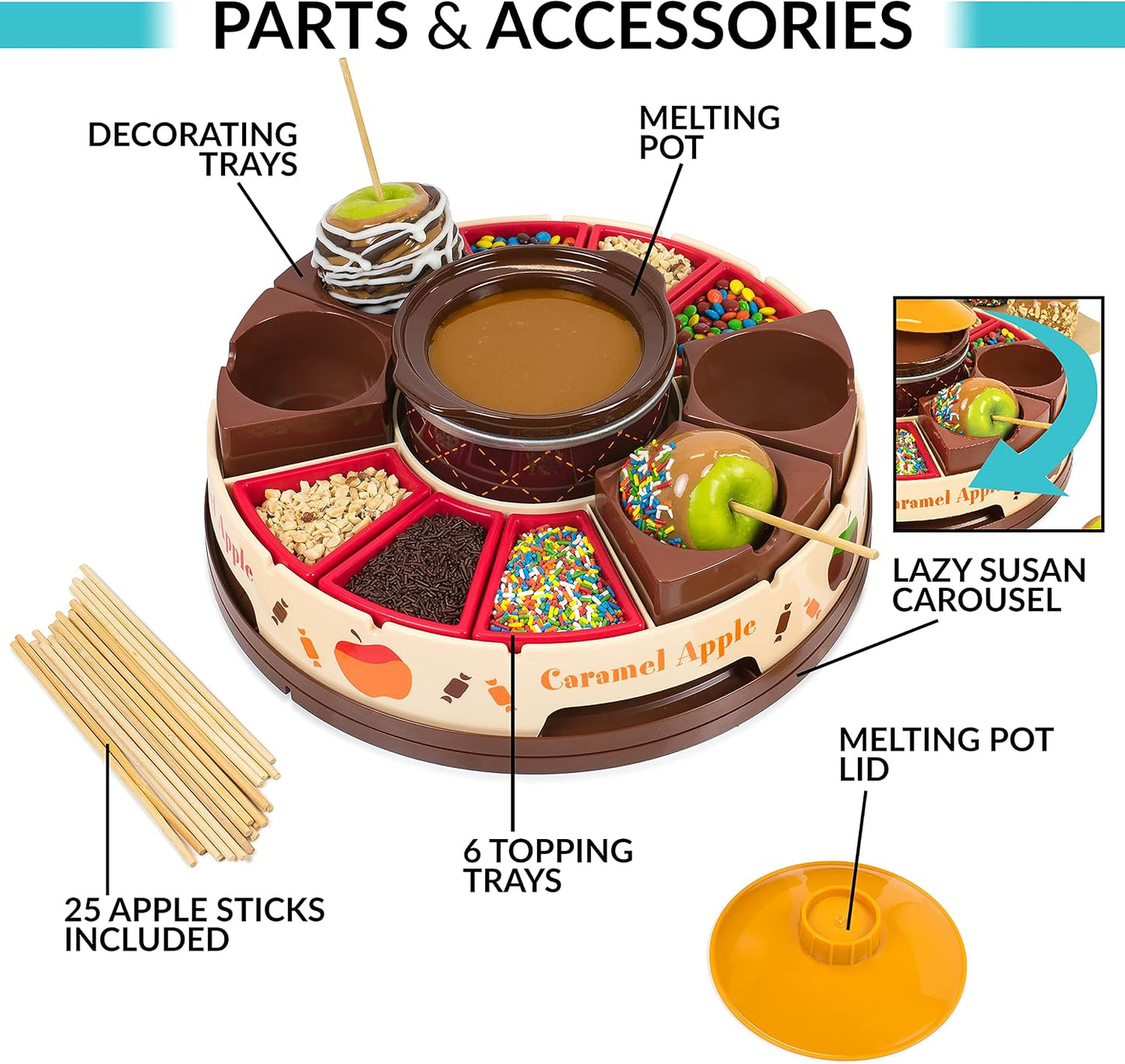 🍫Nostalgia Lazy Susan Chocolate & Caramel Apple Party with Heated Fondue Pot, 25 Sticks, Decorating and Toppings Trays