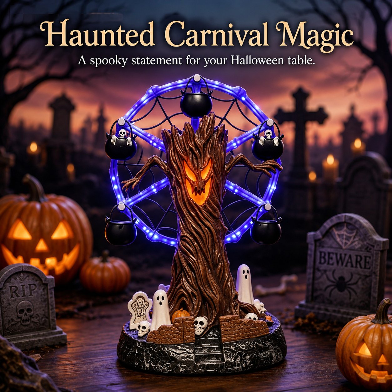 🎃 Halloween Haunted Tree Ferris Wheel Tabletop Decor, Light Up Resin Spooky Ghost Mini Scene Ornament