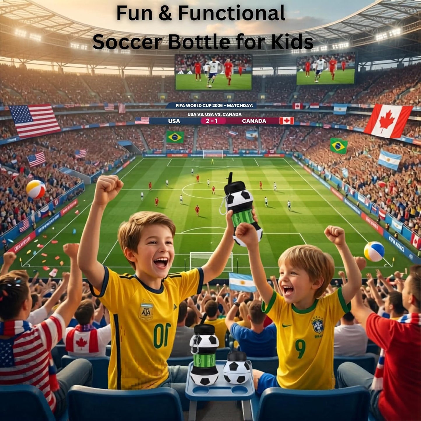 ⚽ Football Sport Design Silicone Collapsible Water Bottles, Sports Bottle with Carabiner Clip