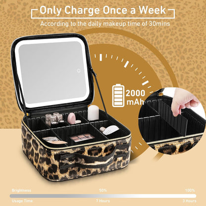Leopard Print Makeup Case with Mirror & Dimmable LED Lights