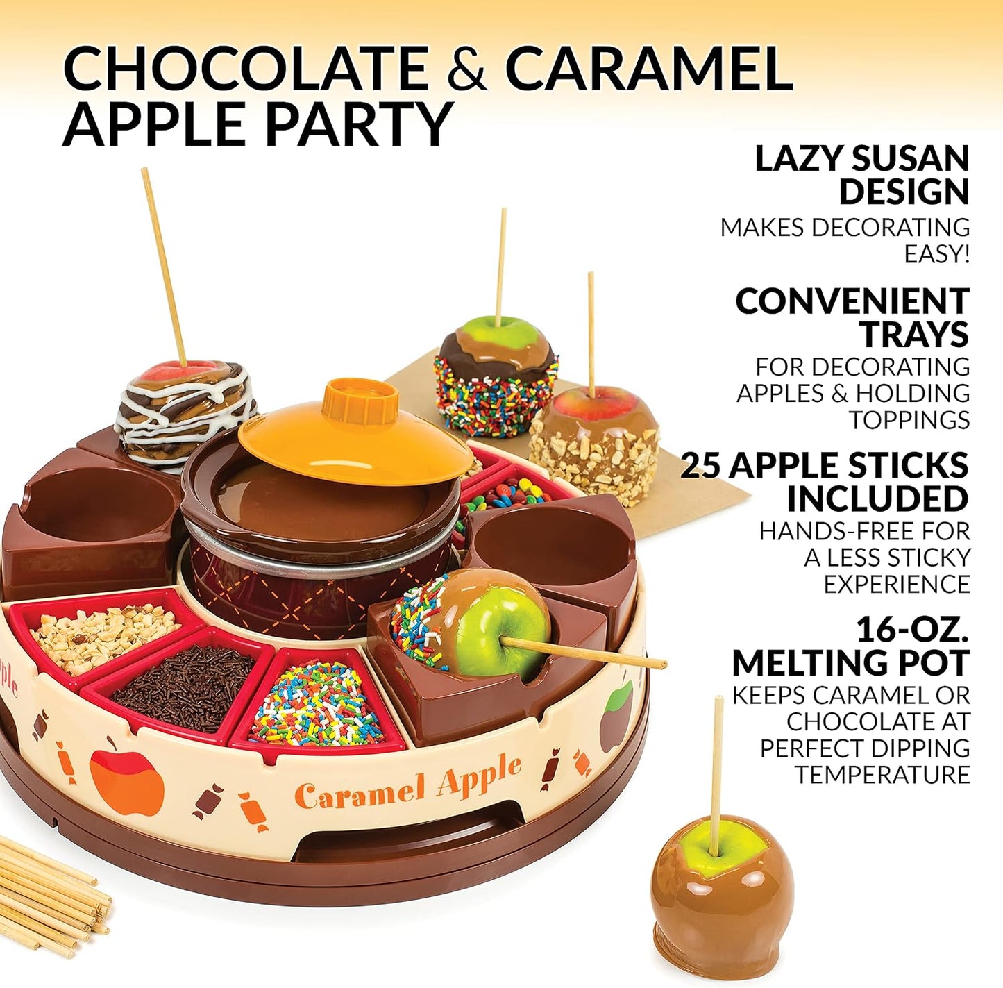 🍫Nostalgia Lazy Susan Chocolate & Caramel Apple Party with Heated Fondue Pot, 25 Sticks, Decorating and Toppings Trays