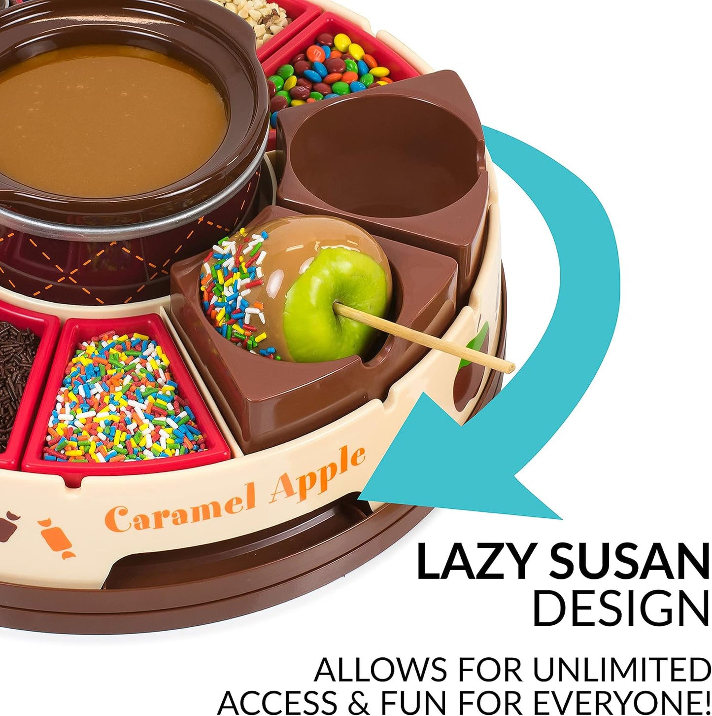 🍫Nostalgia Lazy Susan Chocolate & Caramel Apple Party with Heated Fondue Pot, 25 Sticks, Decorating and Toppings Trays