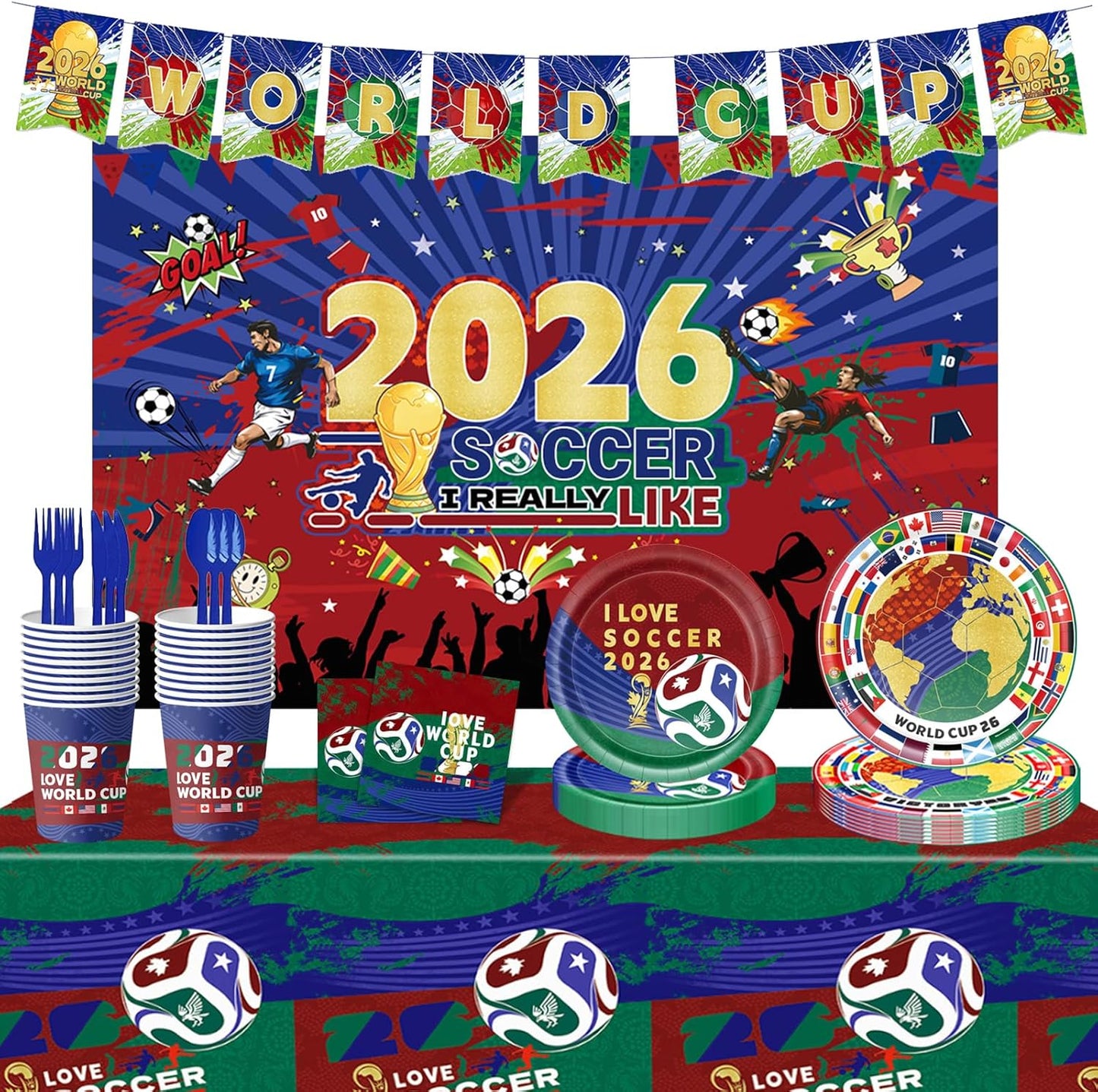 2026 World Soccer Party Decorations, 154 Pcs Party Kit for Party, Serve 10