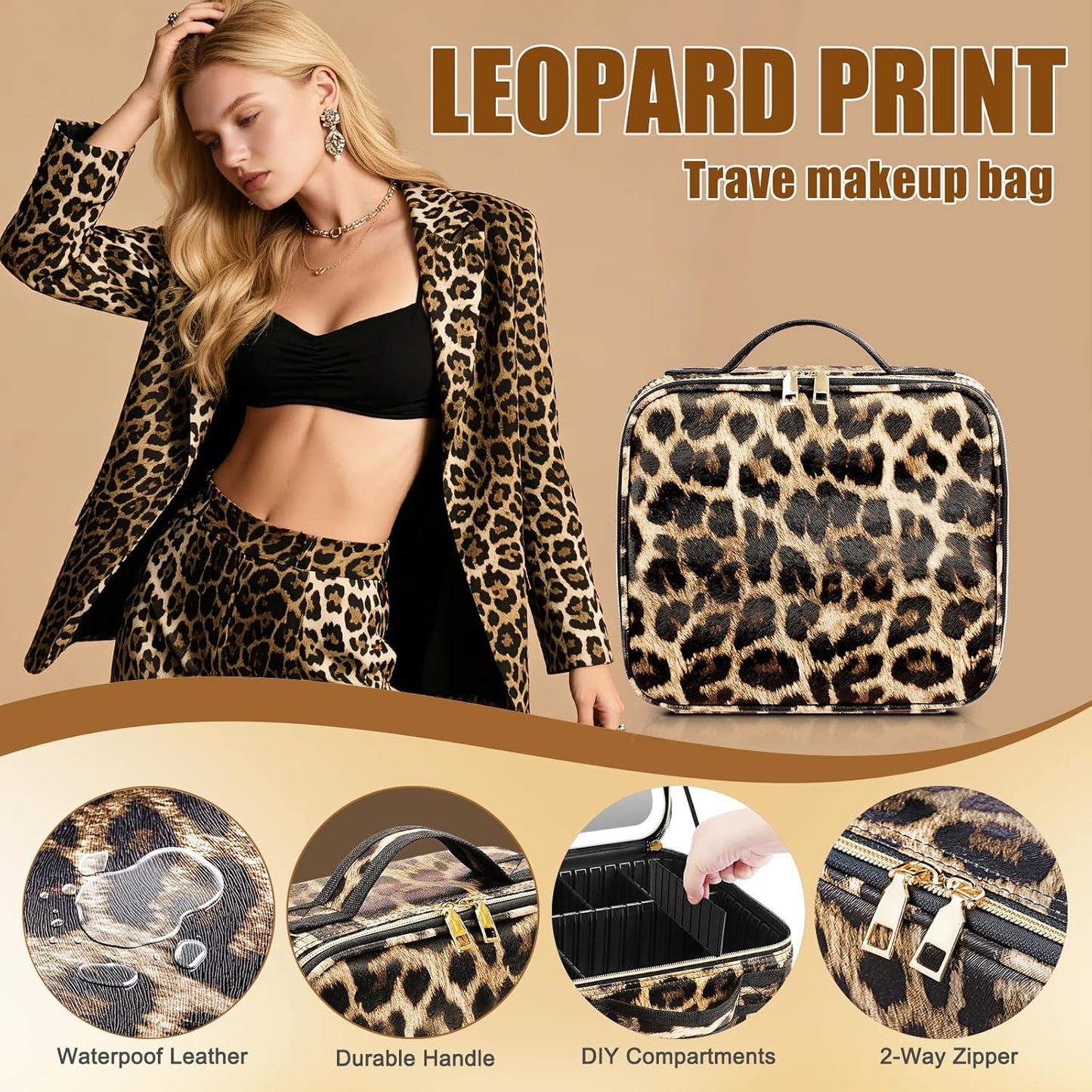 Leopard Print Makeup Case with Mirror & Dimmable LED Lights