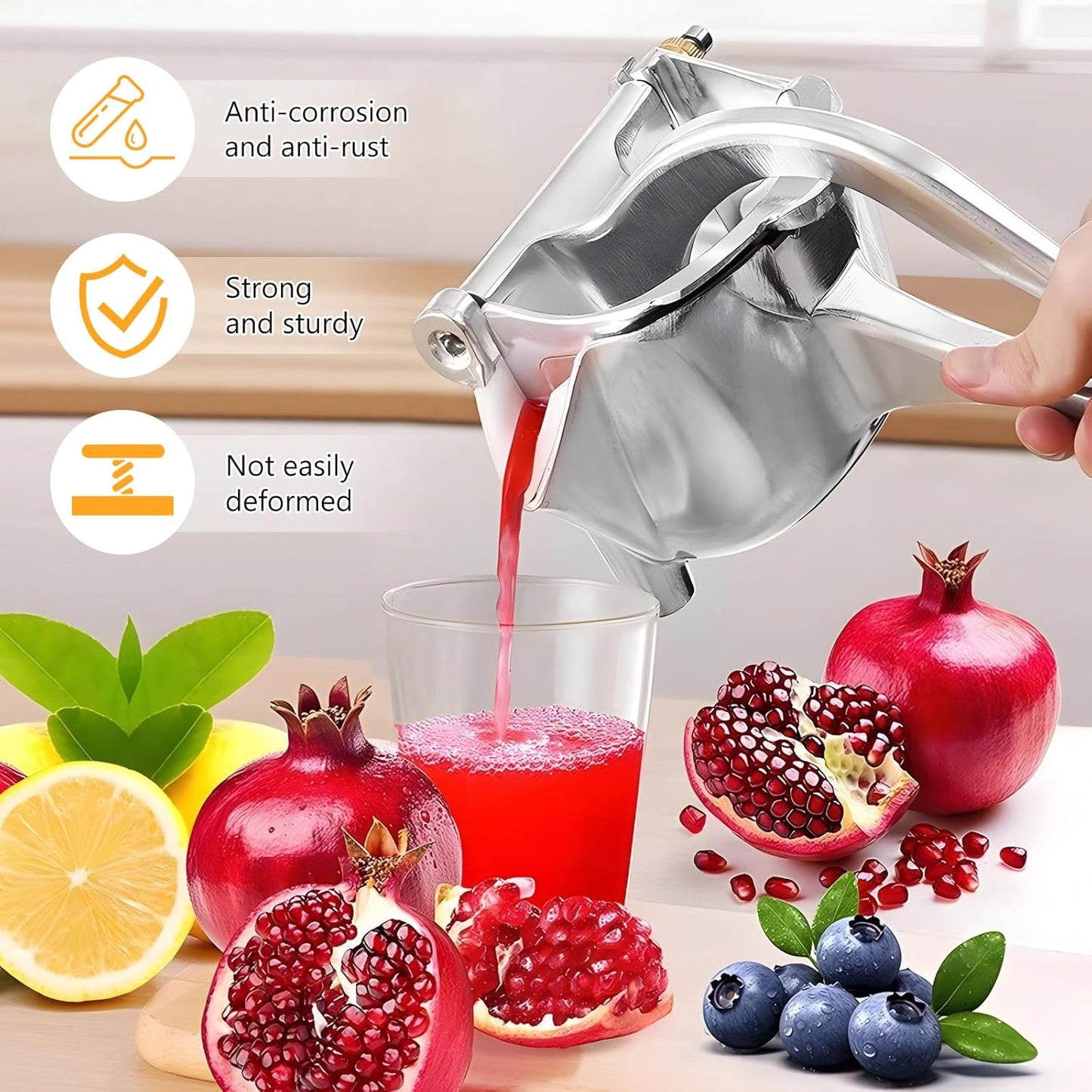 Manual aluminum citrus press – ergonomic lever juicer for lemons and oranges, sturdy design and easy to clean