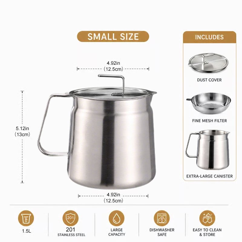 68oz 201 Stainless Steel Deep Fryer Pot with Basket & Strainer- Large Capacity Bacon Grease Container for Kitchen
