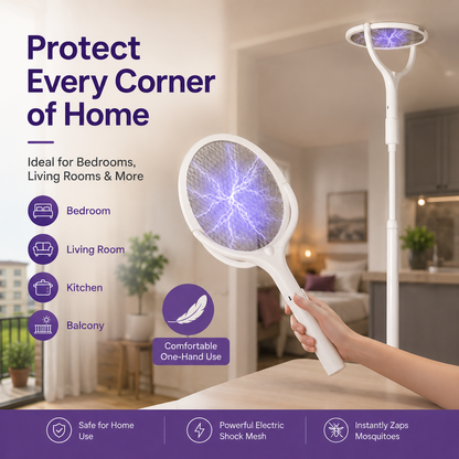 ⚡ Foldable Electric Mosquito Swatter – Rechargeable Bug Zapper with Extendable Handle
