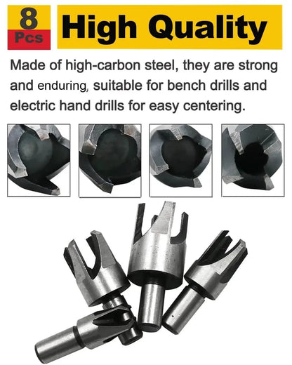 8Pcs Wood Plug Cutter Drill Bit Set | Straight & Tapered Wood Hole Plug Making Bits