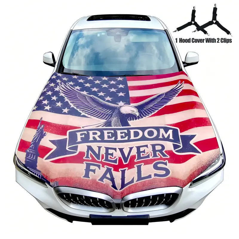 American Flag Car Hood Cover With Dual Triangle Clips Fits Trucks SUVs Sedans Jeep Commemorative Edition