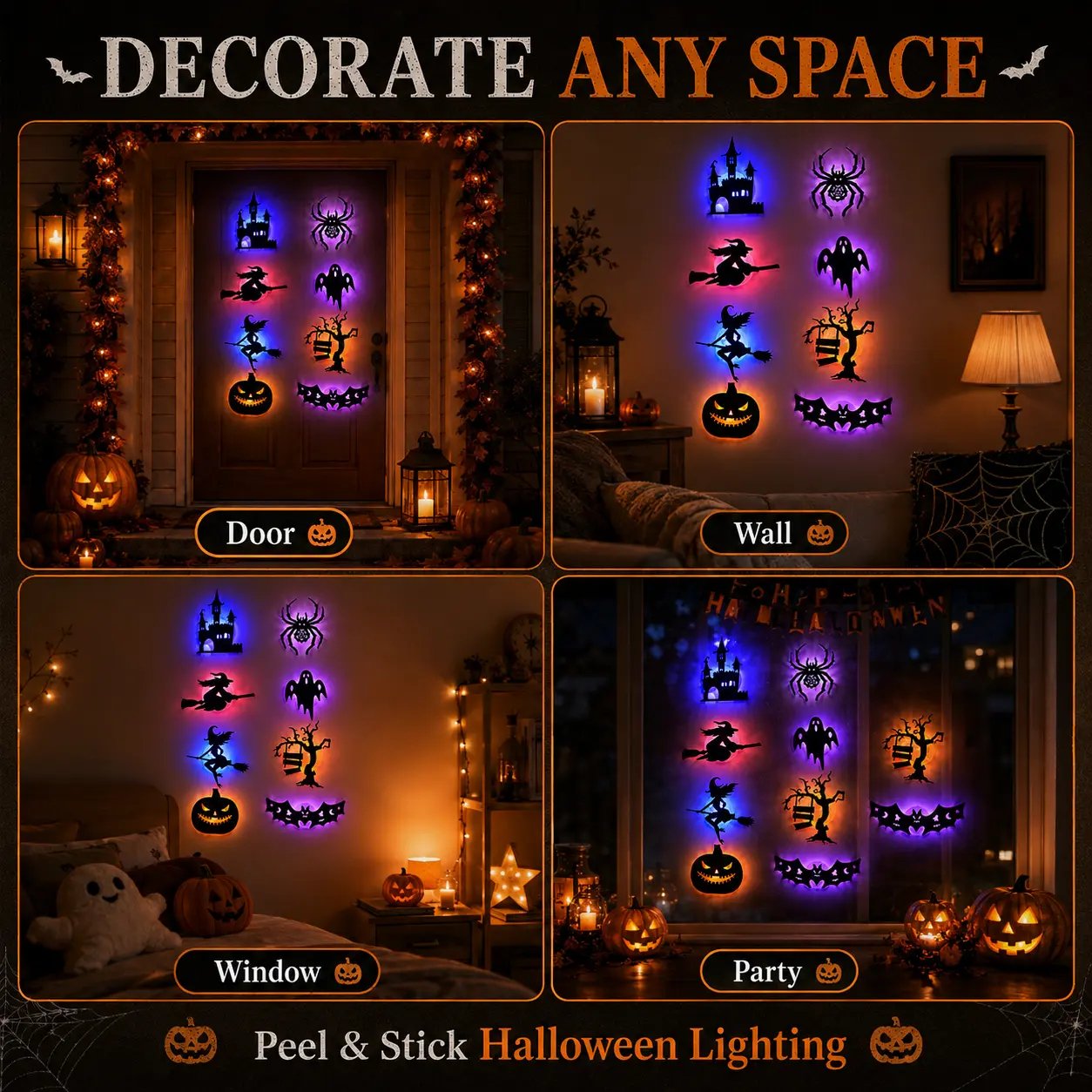 🔥 LAST DAY 50% OFF | 8-Pack Halloween LED Silhouette Wall Lights – Battery-Powered Peel & Stick Decor