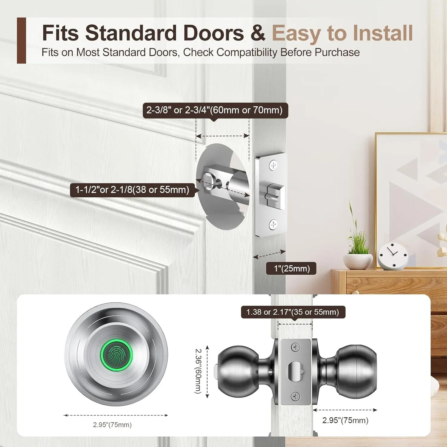 Biometric Door Knob, Keyless Entry Door Lock for Garages-2 Pcs