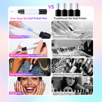 ✨ Gel Nail Polish Pen: Beginner-friendly and easy to carry on the go; delivers a brilliant, glossy finish with up to 14 days of long-lasting wear.