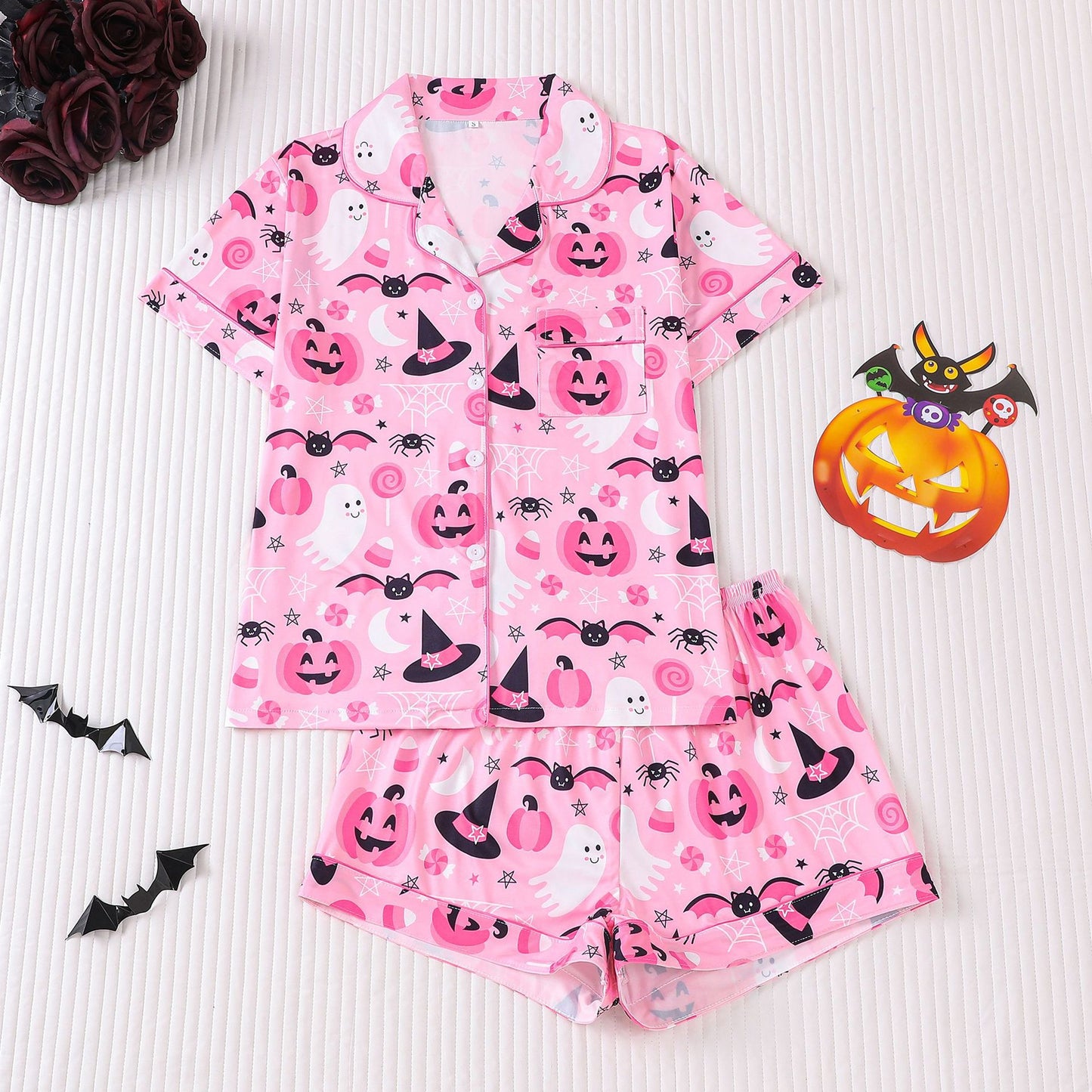 Women's Halloween Print Lapel Pajama Set – Mid-Year Sale: Casual, Comfortable Short-Sleeve Top & Shorts – All-Season Loungewear