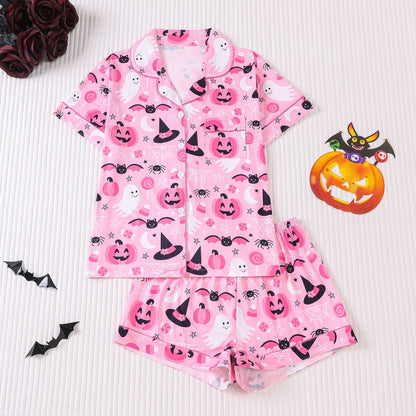 Women's Halloween Print Lapel Pajama Set – Mid-Year Sale: Casual, Comfortable Short-Sleeve Top & Shorts – All-Season Loungewear